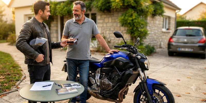 Deux hommes discutent pour la vente d'une moto