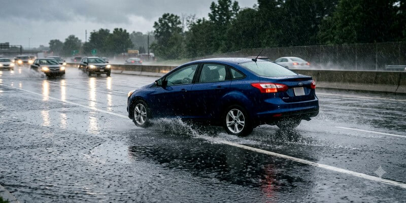 aquaplanage d'une voiture bleu