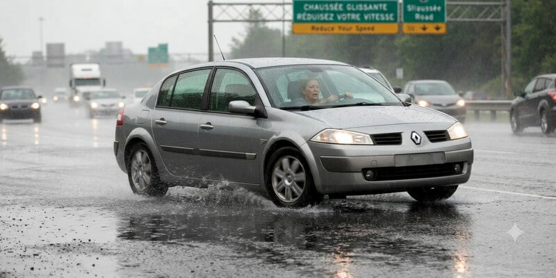 aquaplanage d'une voiture sur la route