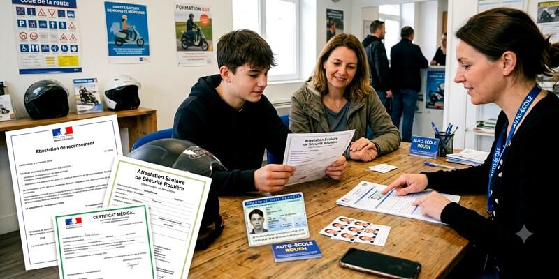 un jeune homme, accompagné d'un parent, remettant son dossier administratif à une instructrice d'auto-école